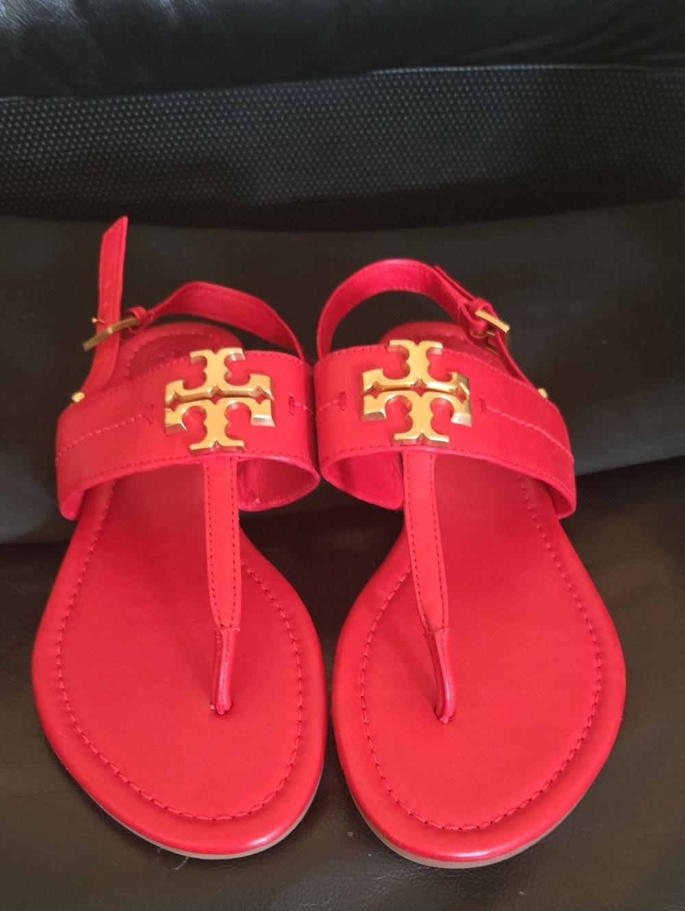 Tory Burch Red Leather Logo Thong Sandals with Gold Hardware